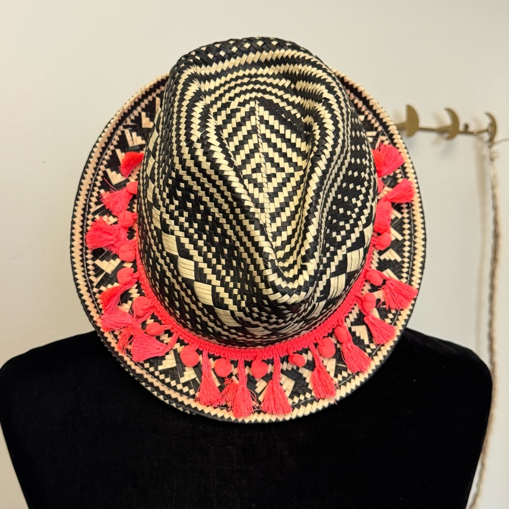 Express black,and tan woven hat with hot pink tassel accent - NWT - One size